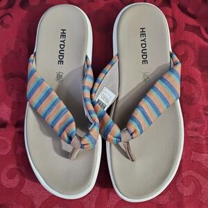 HEY DUDE JULIE FLIP FLOP SANDALS ORANGE/BLUE STRIPE WOMEN'S SIZE 9